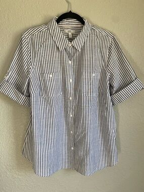 Navy and White Vertical Stripe Button-Up Shirt